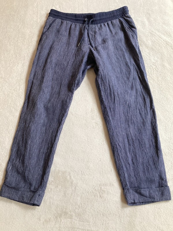 Athleta Women's Bali Pinstripe Navy Linen Drawstring Cuff Ankle Jogger Pants 12