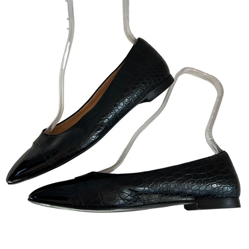 Russell & Bromley flats 39 8 black leather cap toe croc embossed slip on shoes - Picture 6 of 12