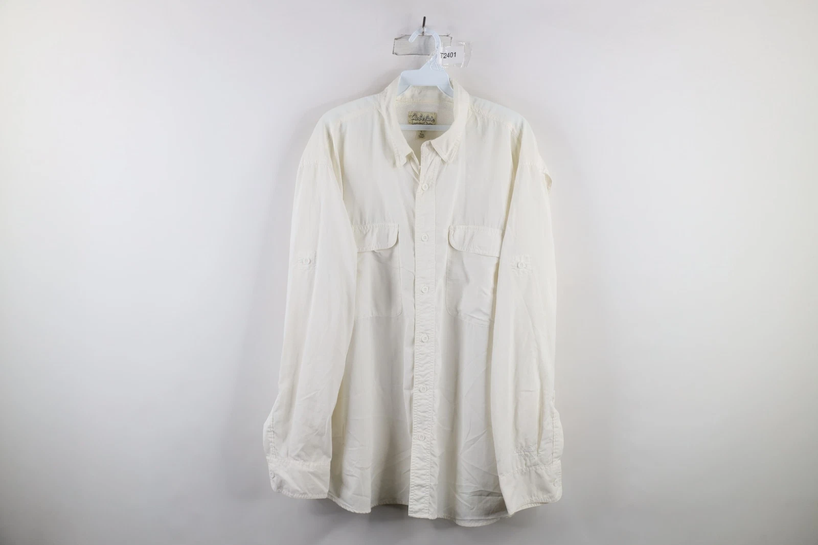 Cabelas Mens Large Distressed UPF 30 Outdoor Collared Button Shirt White Nylon