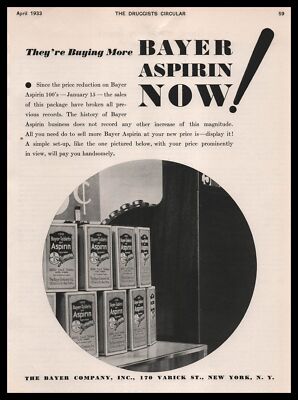 1933 Bayer Co. New York Aspirin 100 Tablet Drug Store Display Vintage Print Ad