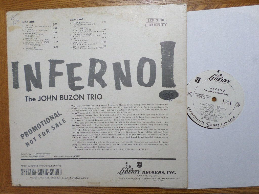 PROMO LIBERTY LP RECORD MONO/JOHN BUZON TRIO/INFERNO !/VG/VG+ JAZZ