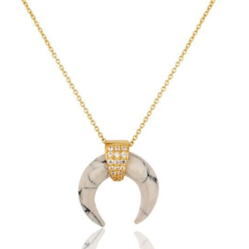 Gold Plated Horn Pendant Necklace Howlite & Zircon Charm Cresent Moon Necklace - Picture 1 of 4