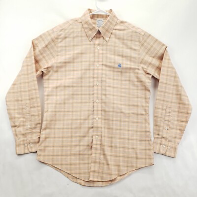 Brooks Brothers 1818 Shirt Mens Medium Peach White Plaid Non-Iron Slim Fit