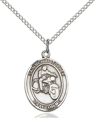 Sterling Silver Saint Christopher Motorcycle Medal Pendant Necklace 18'' Chain
