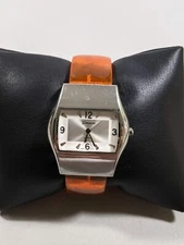 Geneva Silver Tone Rectangle Case Orange Plastic Hinge Band Watch 6 Inch