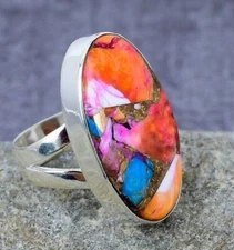 Pink Dahlia Turquoise Spiny Oyster Gemstone Handmade 925 Solid Silver Ring