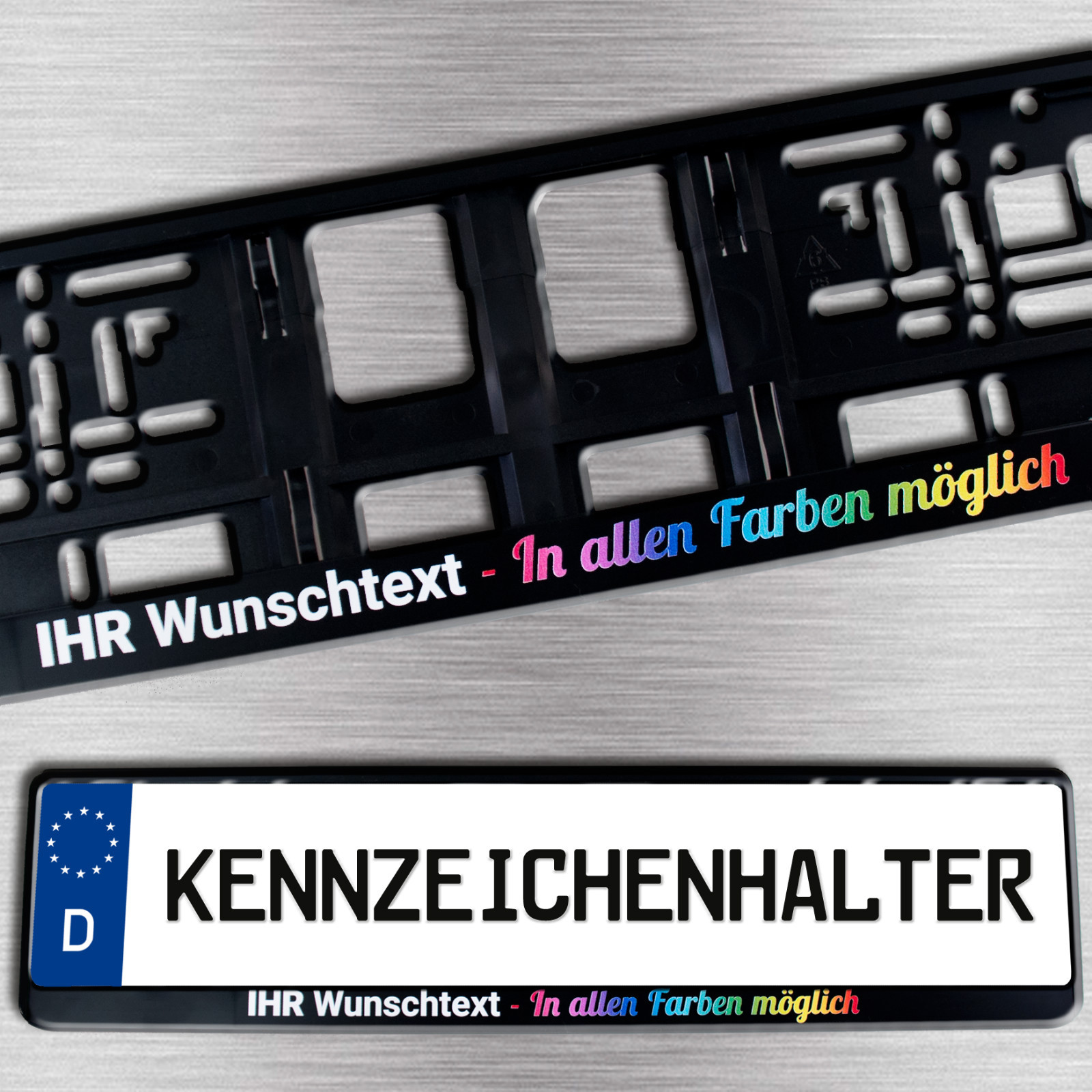 4 Schwarze Kennzeichenhalter Mit Wunschtext/Logo/Werbung Vierfarbig Bedruckt-image
