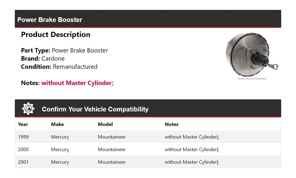 Para 1999-2001 Mercury Mountaineer Power Brake Booster Cardone 2000 Foto 2 de 4