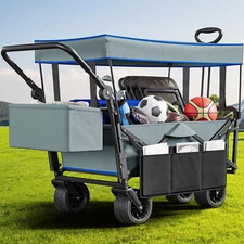 Heavy-Duty Outdoor Collapsible Wagon & Removable Canopy with Handles & Wheels