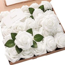 Artificial Flowers 25pcs Real Looking White Foam Fake Roses with Stems for DI...