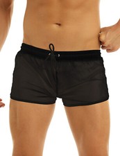 Men See-Through Boxer Shorts Mesh Loose Lounge Swim Trunks Beachwear Cover Ups