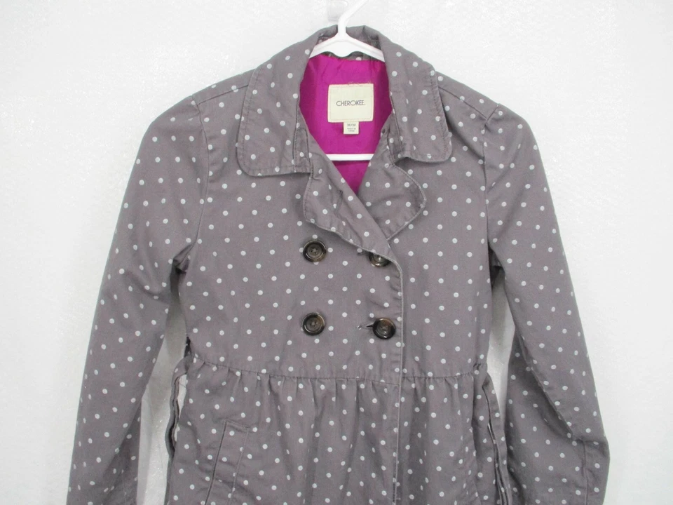 Cherokee Girl Coat Medium Gray Double Breasted Polka Dot Tie Waist Pocket Jacket - Image 4 of 4