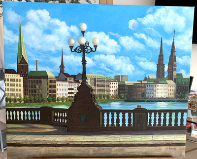 Eine, in Öl auf Leinwand gemalte, Ansicht der Binnenalster in Hamburg. 60x50x2cm