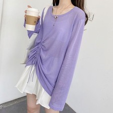 Women Sheer Tops Thin Knitted Pullover Sun Protection Shirt Cover-up Drawstring