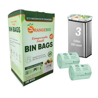 OrangeBio  3 Gallon Compostable Small Bin Liners, 200 Count (2 Rolls), BPI Certi