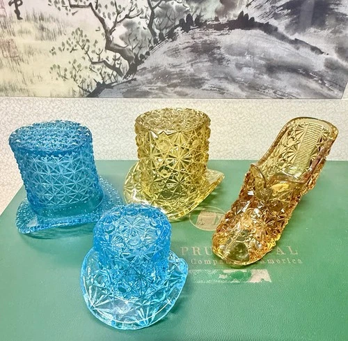 Lot of  4 Amber Blue Vintage Glass Top Hats Hand Blown  & Slipper