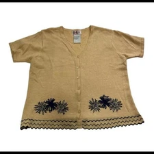 Vintage 90s Short Sleeve Button Down Top Embroidered Flowers Knit Size 6P
