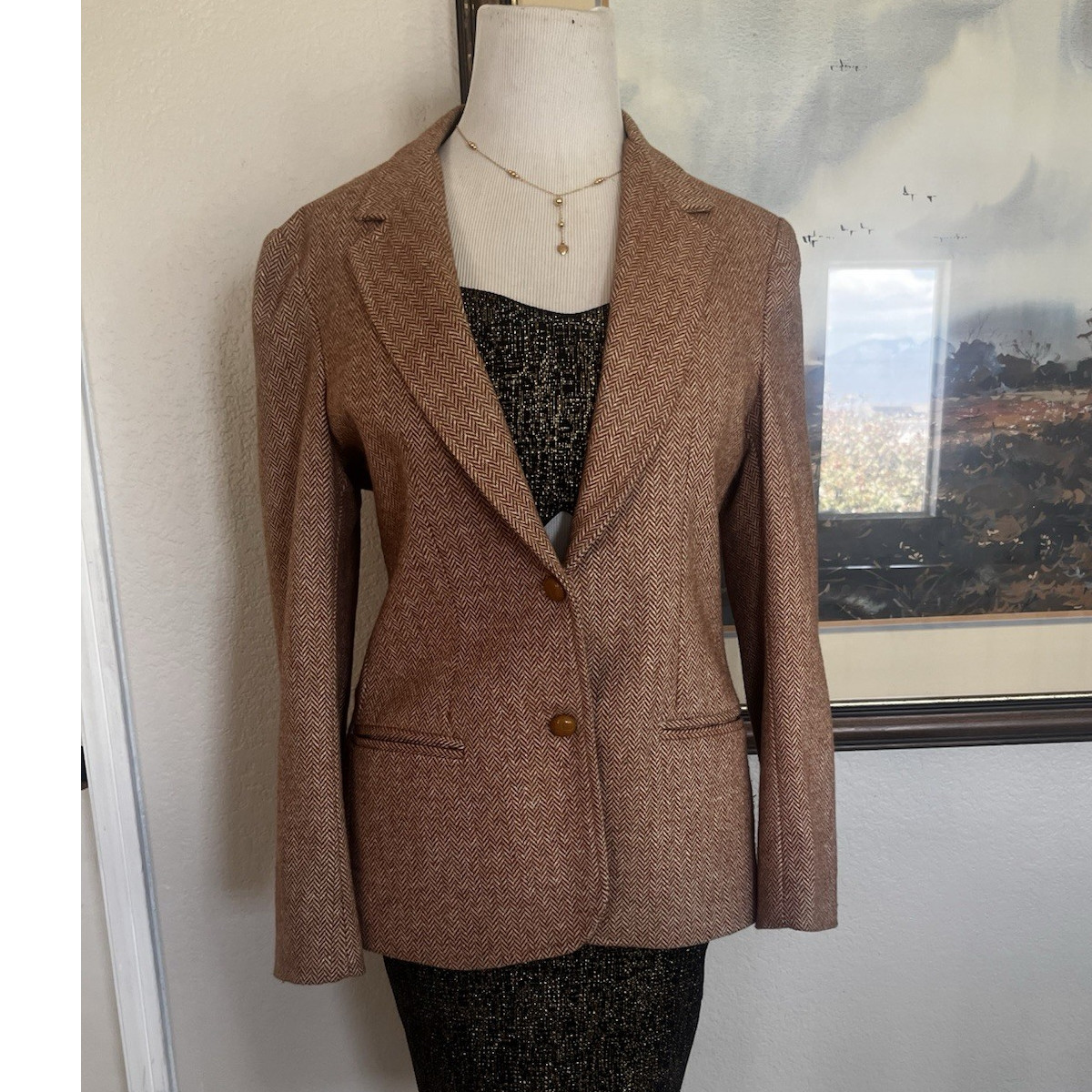 Women's Brown Collared One-Button Short Blazer Jacket, Long Sleeve Regular