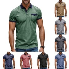 Men Polo Shirts Short Sleeve Stretch Lapel Button Muscle Regular Slim Fit Tops