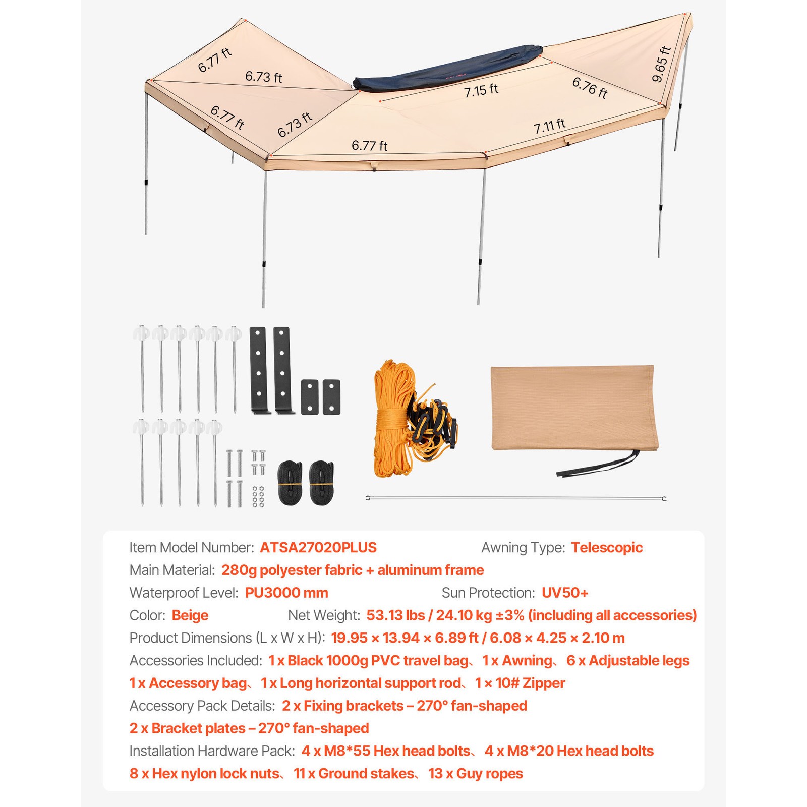 Uimoso 270° Vehicle Awning, 133 sq.ft, Waterproof, UV50+ Protection, Driver Side