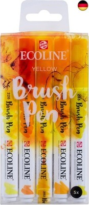 Ecoline Brush Pen-Set mit 5 flüssigen Aquarellstiften ? Gelbtöne | Mischbare P