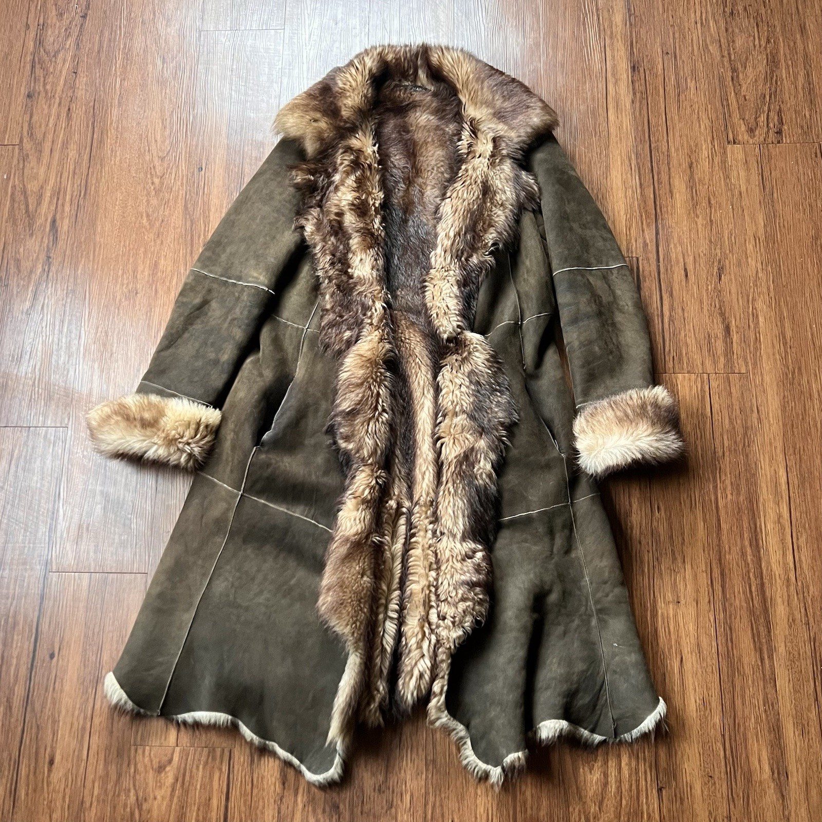Vintage Andrew Marc Coat Large Brown Long Lamb Shearling Penny Lane FLAWS READ
