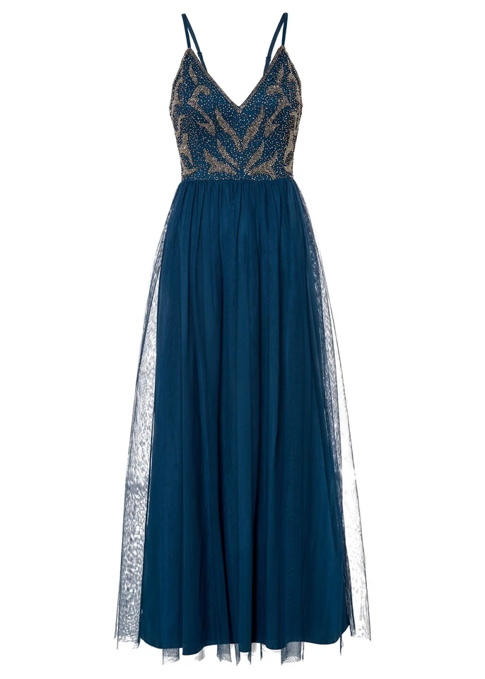 Trägerkleid mit Perlenstickerei Gr. 50 Petrol Maxi-Kleid Party-Dress Neu* - Bild 1 von 1