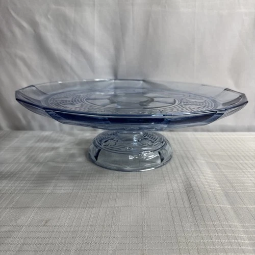 Anchor Hocking Avalon Blue Pansies Glass Pedestal Cake Stand 12" VINTAGE EUC