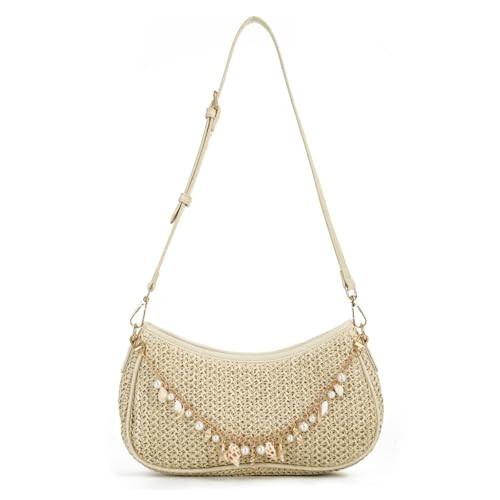 Straw Shoulder Bag for Women Woven Boho Beaded Clutch Purse Raffia Beige