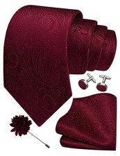 Burgundy Tie Mens Paisley Wedding Necktie Pocket Square Cufflinks and Lapel P...