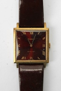 Authentic Tissot Vintage 18K Gold Plated Red Dial Square Stylist Quartz Watch 27mm