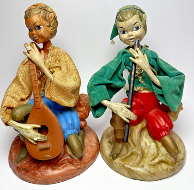 Pair Vintage MCM 9'' Pixie Elf Nymphs Musician Figurines Dolls Hollywood Regency