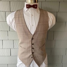 Vintage Brown Cream Blue Plaid Wool Mens Swanky Dapper Vest Waistcoat 36" Chest