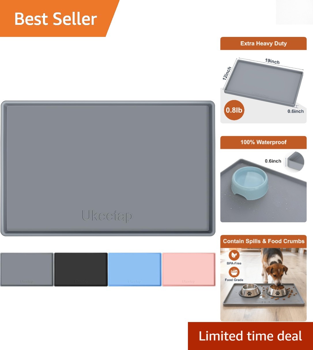 Waterproof Silicone Pet Feeding Mat 19&rdquo;x12&rdquo; - Non-Slip &