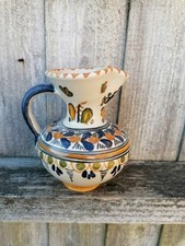 Pair Vintage Spanish Talavera Tin Glazed Pottery Jugs  5"