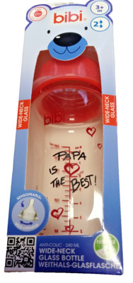 Bibi Weithals-Glasflasche / Babyfläschchen ''Papa is the best'' BPA-frei, 3+M