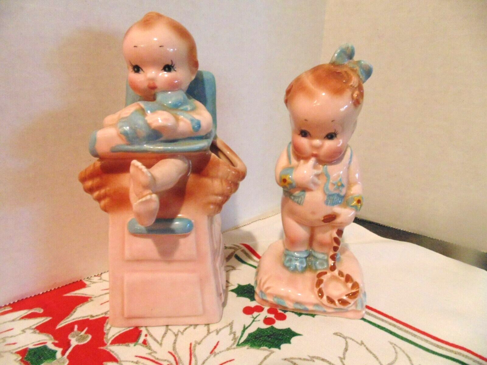 Pr Vintage 1950’s Japan?  Ceramic Baby in High Chair Planter & Baby Cowgirl