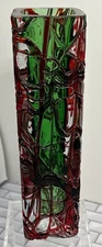 Art Glass Vase Brutalist Green/Red Spaghetti Swirled Textured MCM Hand Blown