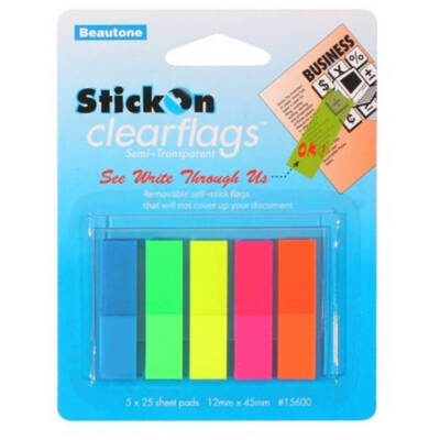 Beautone Stick On Clear Pop Up Flags 125 Sheets 12mmx45mm Pack of 5 Assorted
