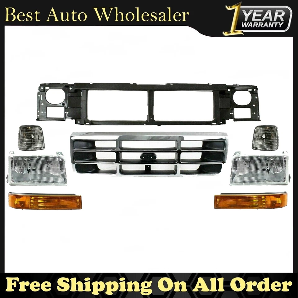Front Header Panel + Grille + Head Lights Kit For 1992-1997 Ford F150 F250 F350 - Image 3 of 4