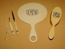 VINTAGE MONOGRAM GHB CELLULOID VANITY MIRROR BRUSH HAIR NAILS 5 PIECE SET