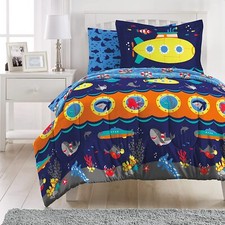 Bedding Set Kids 5-Piece Ocean Submarine Microfiber Comforter Sheets Twin Blue