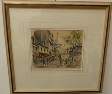 FRAMED HAND PAINTED WATERCOLOUR LITHOGRAPH FRANZ HERBELOT PARIS PLACE DU TETRE