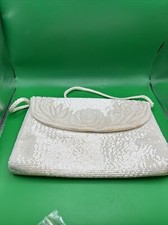 La Regale Vintage Beaded White Shoulder Bag Purse Floral Rope Handle