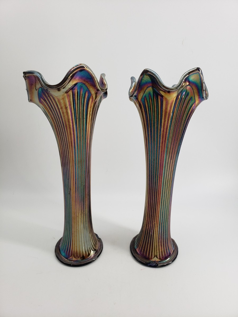 Vintage Fenton Carnival Glass Ribbed Vase Set of 2 Cobalt