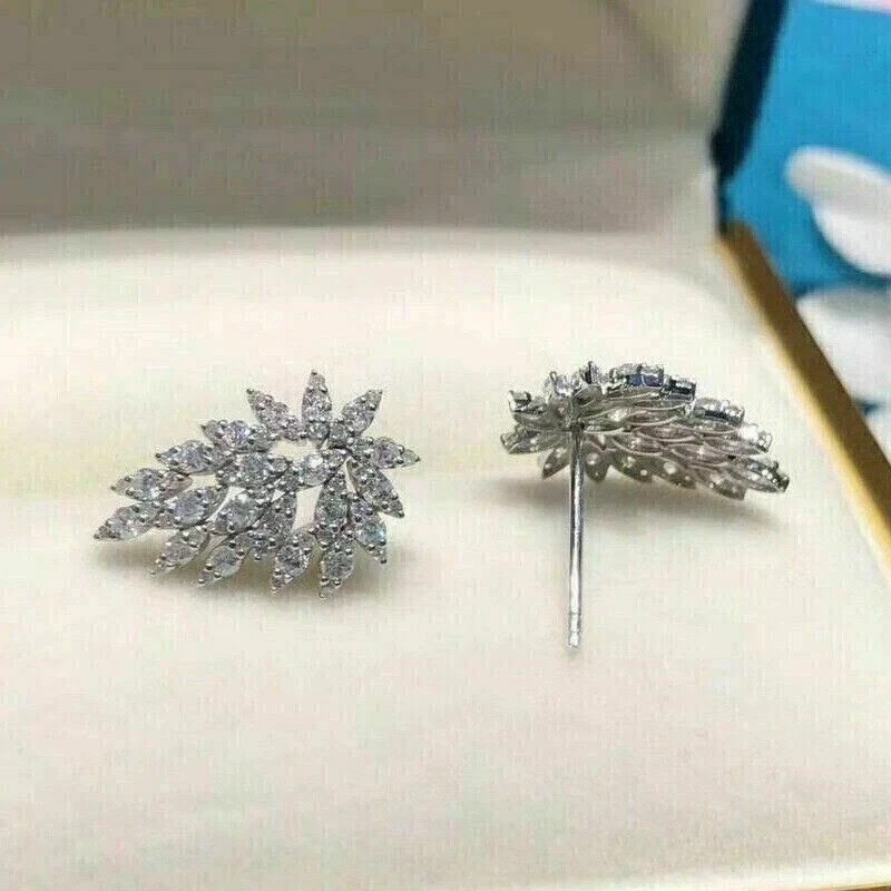 1.60 Ct Round Cut Real Moissanite Cluster Stud Earrings In 14K White Gold Plated