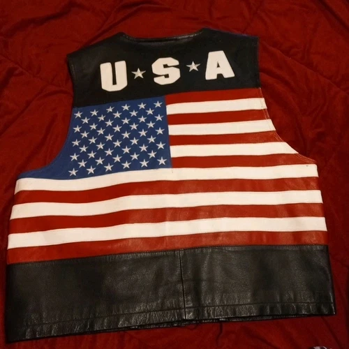 Men's Marco Bassi Black Genuine Leather Motorcycle Vest USA Flag Size L Italy