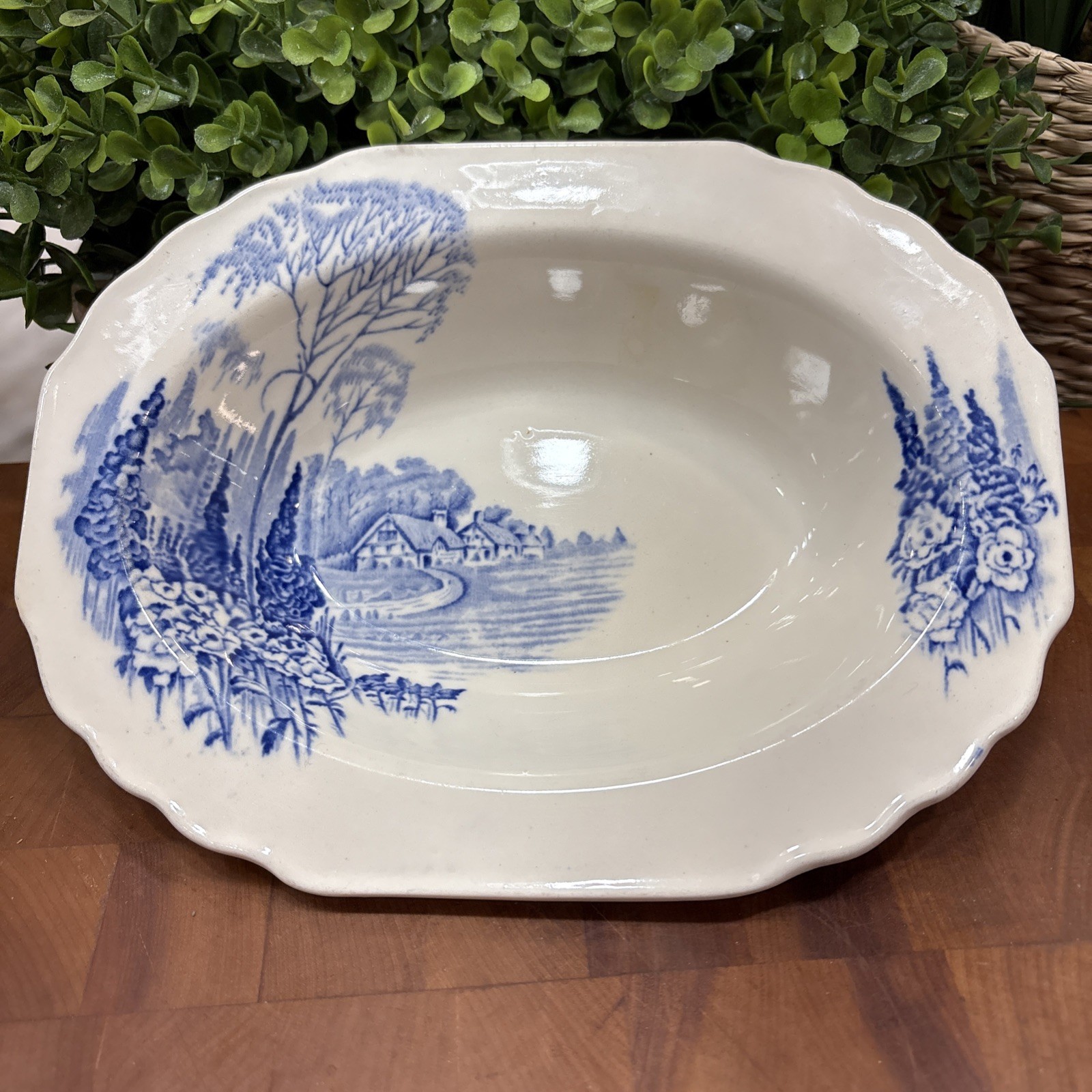 Vtg Wood & Sons England Blue White Transfer Ware Oval Serving Bowl Landscape SEE