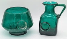Vintage Handblown Glass Vase & Pitcher Jug Bubble Modernist MCM Emerald Green