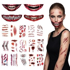 130 PCS Zombie SFX Temporary Tattoos Kit with 4 Large 3D Fake Mouth Scars   Wate